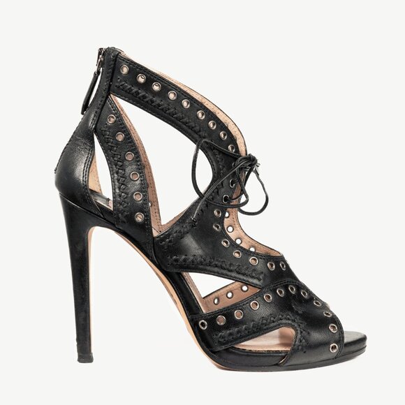 Miu Miu Black Leather Grommet Lace-Up Sandals - Picture 1 of 10